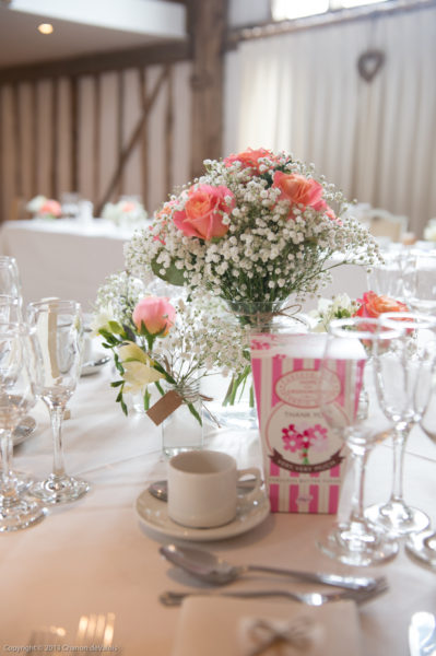 Wedding table Centrepiece with Miss Piggy Rose and Gypsophila